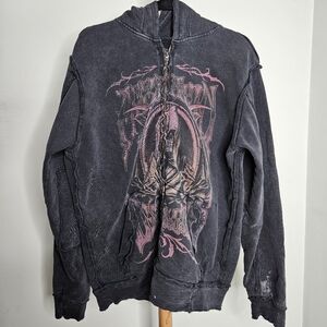Affliction Men's Distressed Zip Up Hoodie Vintage Y2K Medium